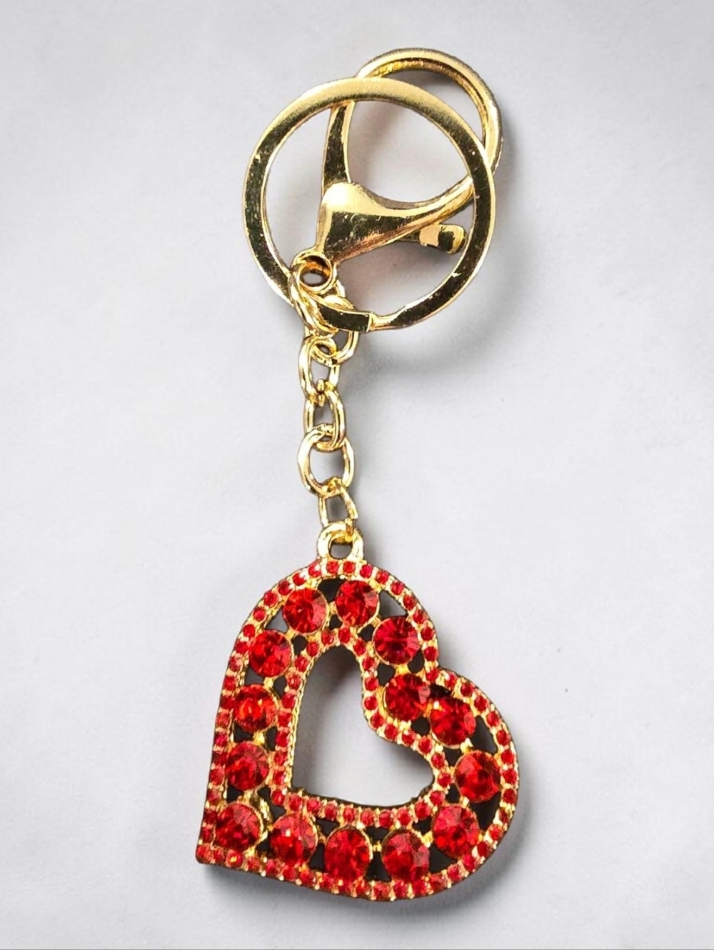 Gold Keychain with Red Crystal Heart Charm